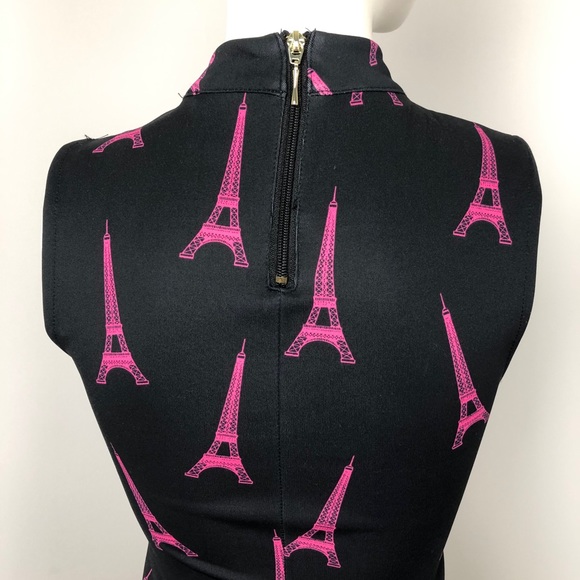 H&M Black Sleeveless Funnel Neck Eiffel Tower Print Fit & Flare Dress Size XS - Picture 6 of 10
